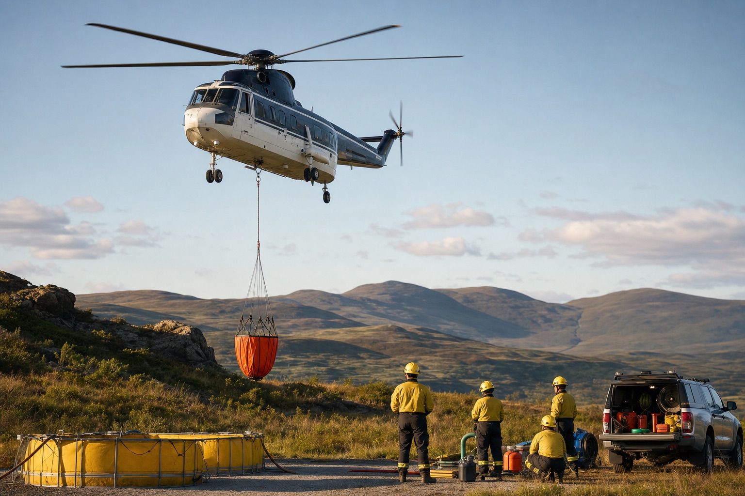 Aerial firefighting helicopter carrying a Bambi bucket above a temporary forward operating location