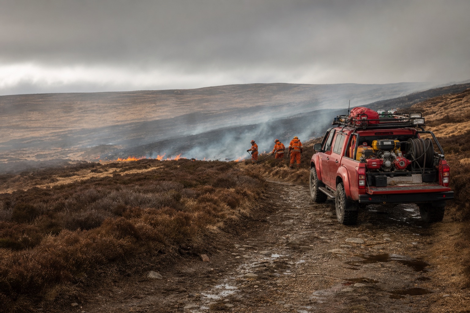 Wildfire crew working from an off-road response vehicle on a moorland fire edge